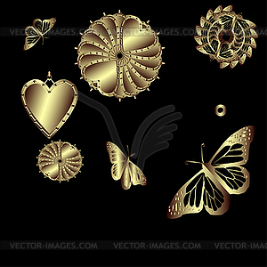 Set of decorative gold butterflies and hearts - vector clip art