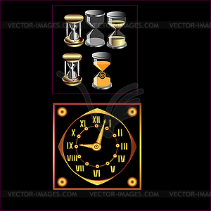 Набор песка и некоторые механические часы - изображение векторного клипарта