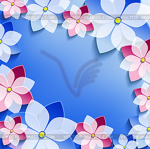 Floral festive frame with blue and pink 3d flowers - vector clip art