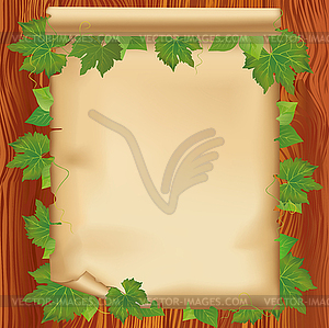Лист бумаги на деревянной доске с листьями - векторизованное изображение клипарта