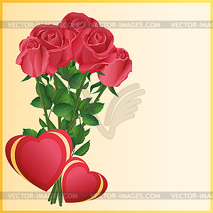 Greeting card with two hearts and red roses - vector image