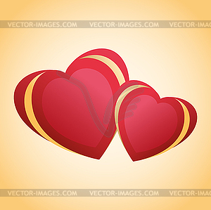 Greeting card with two red - golden hearts - vector clip art