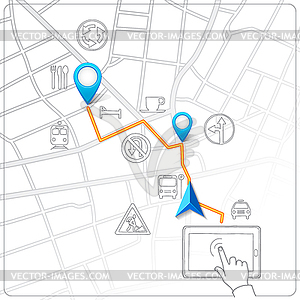 Using tablet for street map navigation - vector clipart
