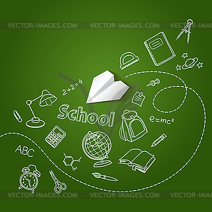 Paper plane and school doodle background - vector image