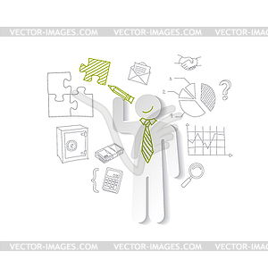 Paper man, puzzles, and business graphics. Marketin - vector image