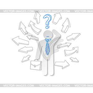 Paper man, arrow and question mark. Business concept - vector image