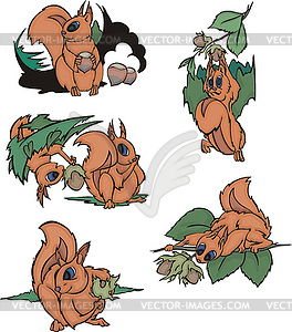 Comic squirrels holding nuts - vector clip art