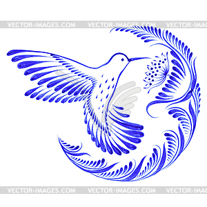 Floral decorative ornament hummingbird in flight - vector clipart