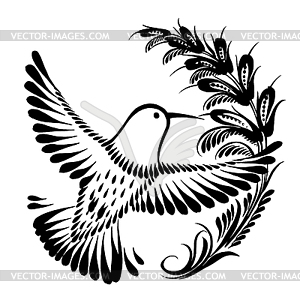 Decorative silhouette hummingbird in flight - white & black vector clipart