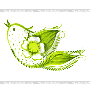 Green bird of with flowers and leaves tea - vector image