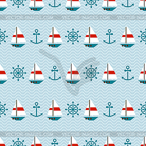 Seamless pattern of sailboats, anchors and steering whe - vector image