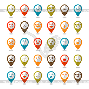 Set of color smiley icons, mapping pins - vector clipart