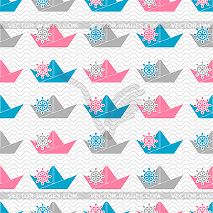 Seamless pattern with paper boats and hand wheels o - vector clip art