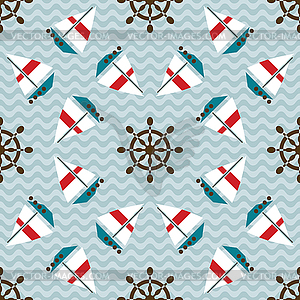 Seamless sea pattern with boats and hand wheels - vector clipart