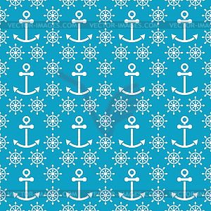 Seamless sea pattern with anchors, hand wheels - vector clipart