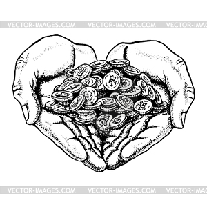 Pile of coins in palms - vector clipart