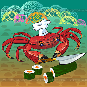 Crab chef prepares sushi - vector image