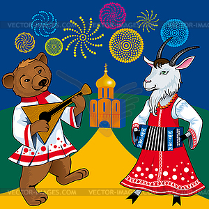 Русский стиль медведь и коза - векторный эскиз