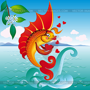 Love orange goldfish on wave - vector clipart