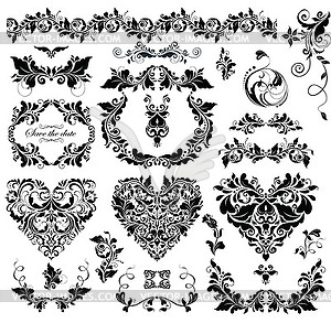 Floral design with heart shapes (black and white) - vector clipart