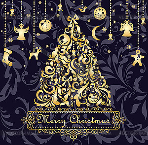 Christmas card with gold xmas tree - vector clip art