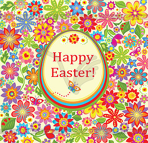Floral greeting bright card with easter egg - vector image