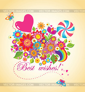 Funny greeting bouquet with balloon and candy - vector clip art