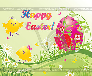 Funny easter card with chicken house - vector image