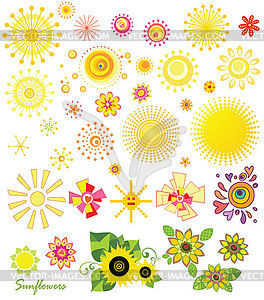 Set of sun and sunflowers - vector EPS clipart