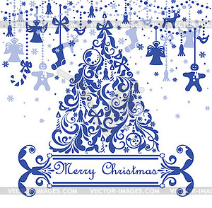 Greeting card with blue christmas tree - vector image