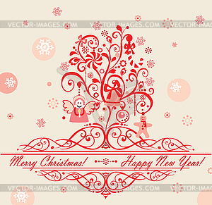 Greeting card with vintage xmas tree - vector image