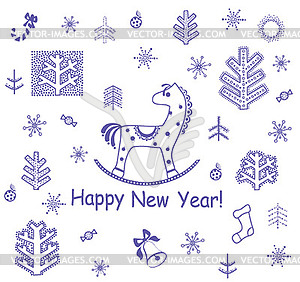 New Year decorative greeting card with little horse - vector image