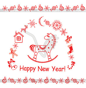 New Year greeting card with little red horse - vector clipart