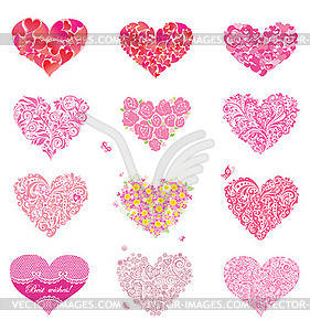 Set of beautiful floral and lacy hearts - vector clip art