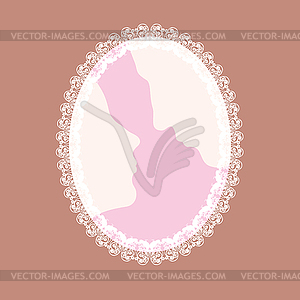 Couple in love silhouette, white doves lace-like frame - vector clipart