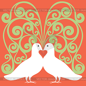 Doves white in love with red heart and symbolic tree - vector clipart