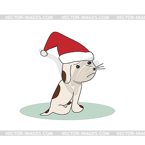 Cute sad dog in Santa`s hat - vector clip art