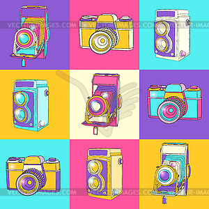 Красочный набор винтажных камер - векторное изображение клипарта