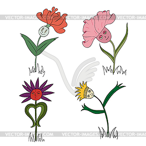Набор из четырех веселых мультяшныйов цветов - рисунок в векторном формате