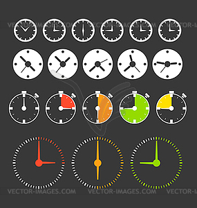 Different phases of clocks. Icon collection - color vector clipart