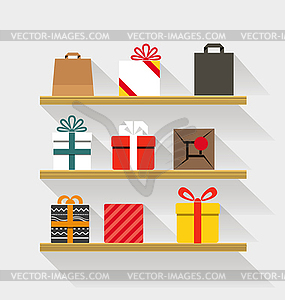 Flat design gifts on book shelves. Template for - vector clipart