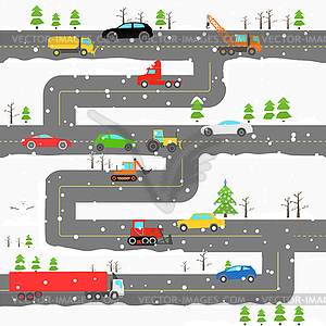 Winter road with cars - vector image