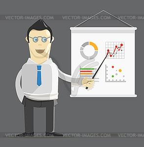 Young man reporting on board with infographic - vector image