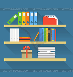 Different objects on book shelves. Flat design - vector clipart