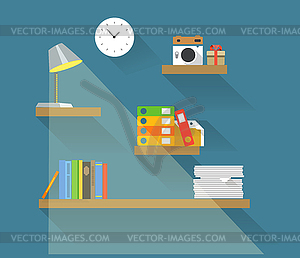 Different objects on book shelves. Flat design - vector clipart