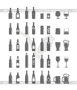 Different bottles and glasses set - vector clipart