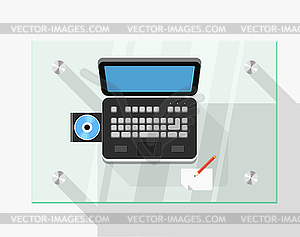 Working place with black laptop - vector clip art