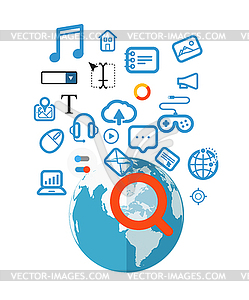 Searching information concept with magnifying glass - color vector clipart