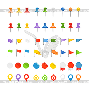 Navigation pins, flags and insignias collection - vector image