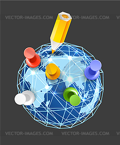 Color pins on Earth - vector image